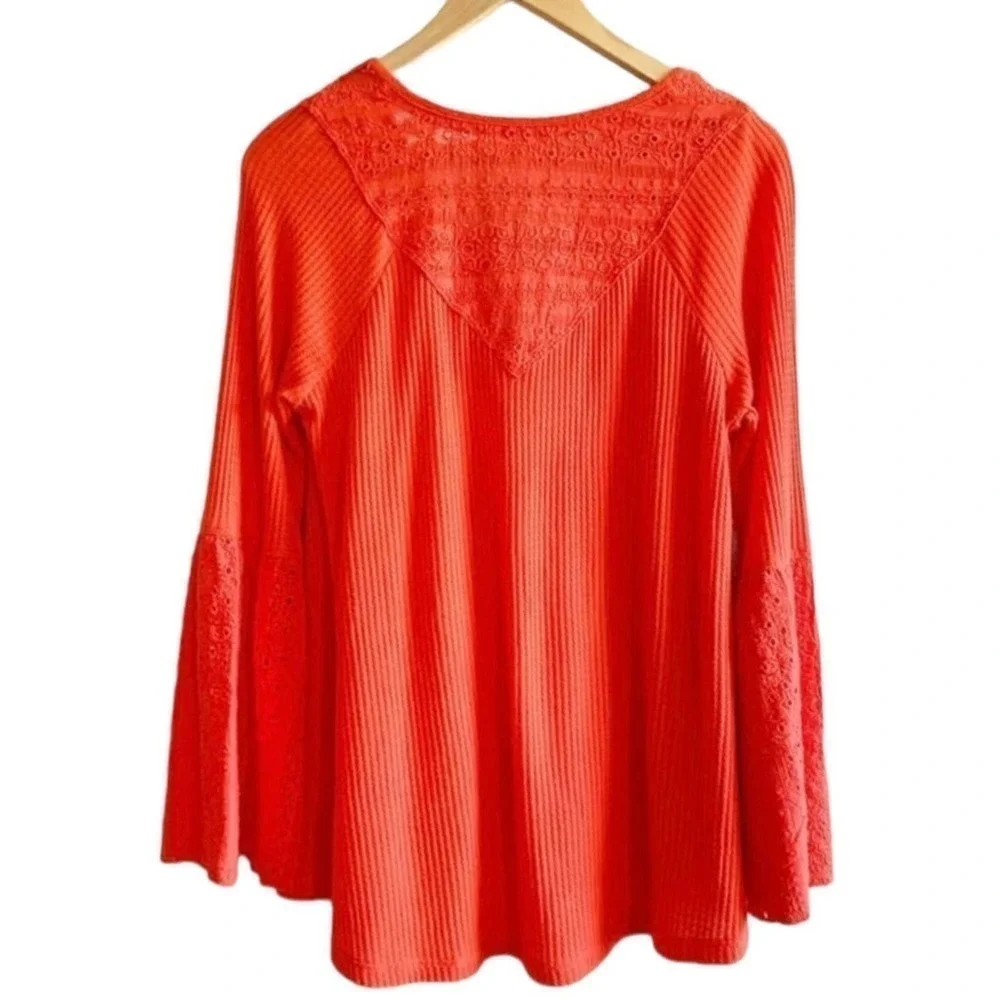 Free People NWT Boho Bell Sleeve Waffle Textured Blouse Orange Parisian Size XS